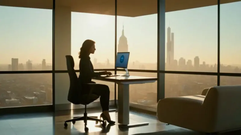 Figura a contraluz en oficina con vistas