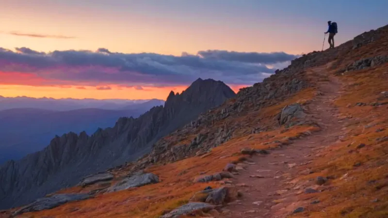 Excursionista solitario en el atardecer montañoso