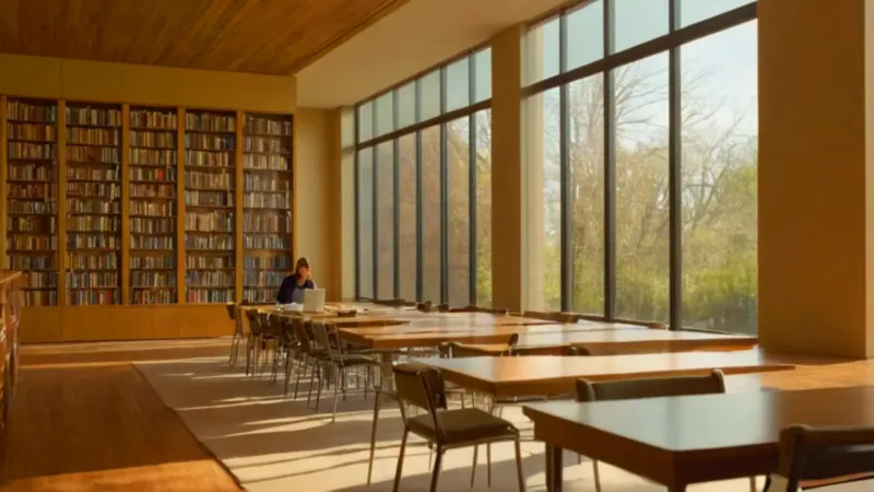 Figura estudia en biblioteca bañada de sol