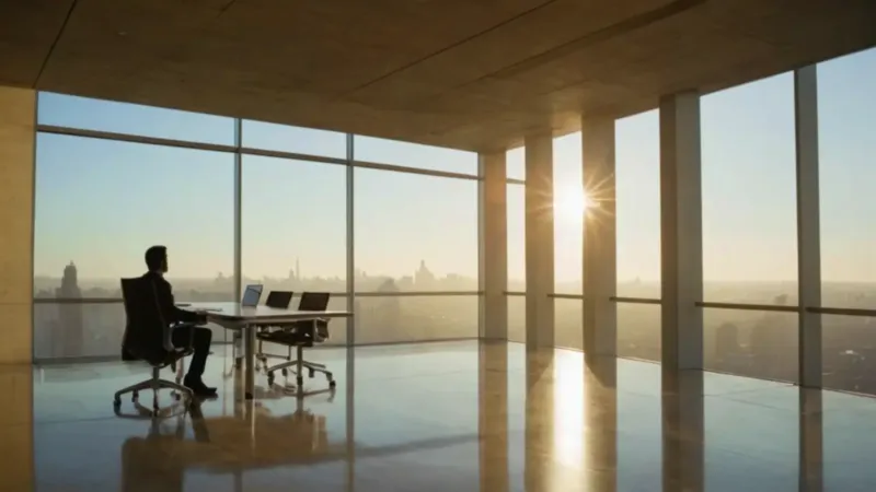 Silueta contempla la ciudad desde la oficina