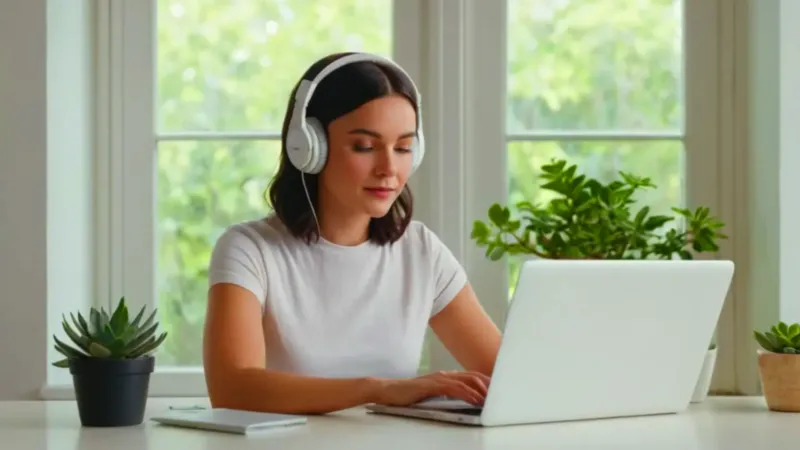 Mujer con audífonos trabaja en su laptop