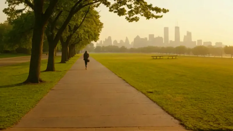 Figura solitaria camina por un parque urbano