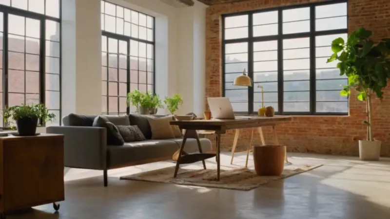 Mujer trabaja concentrada en un loft luminoso