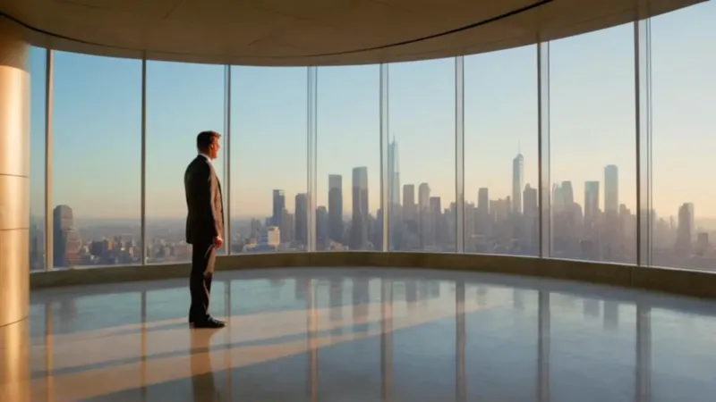 Ejecutivo contempla la ciudad al atardecer