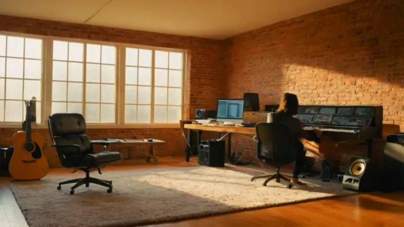 Creativo trabajando en un loft al atardecer
