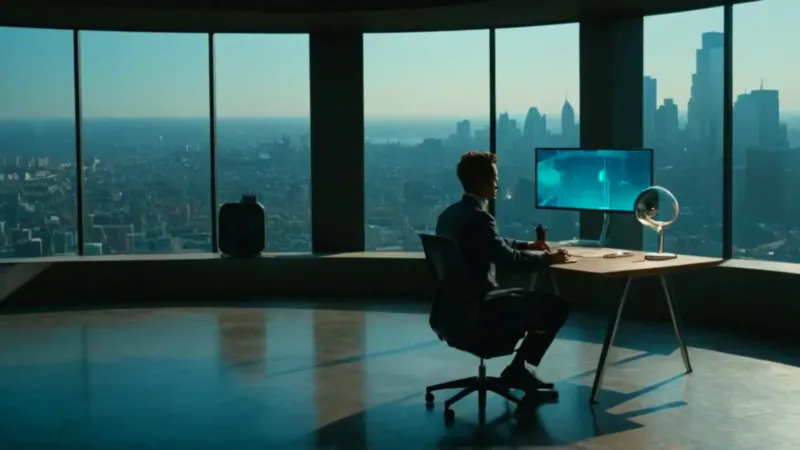 Figura tecnológica en loft sobre la ciudad