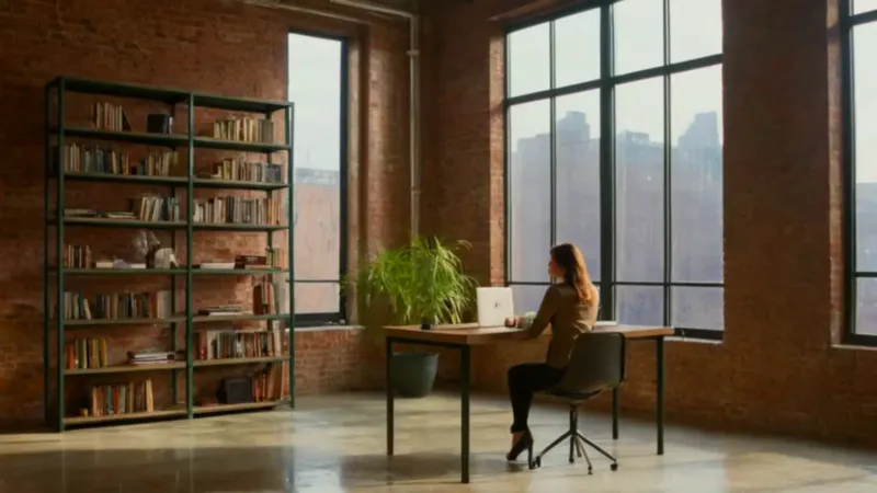 Mujer trabaja en un loft al atardecer