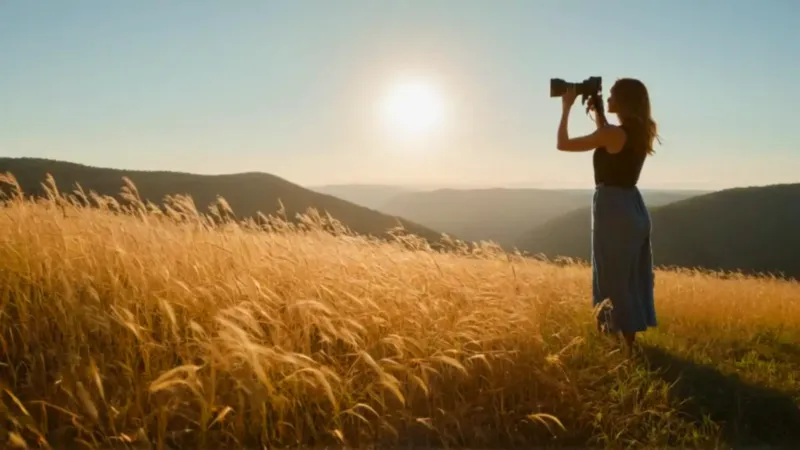 Fotógrafa en un paisaje dorado al atardecer