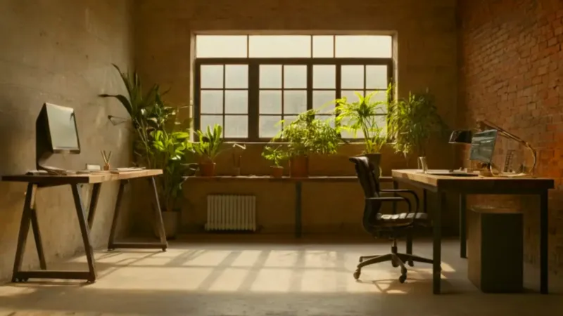 Persona trabaja en un loft soleado