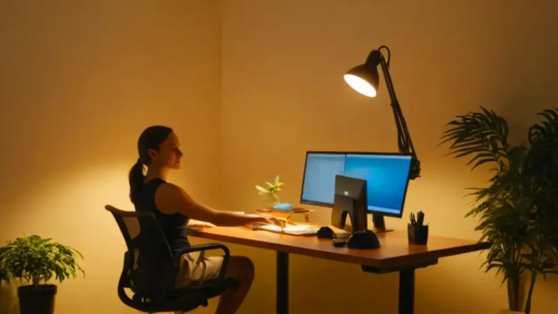 Joven concentrada ante la luz del monitor