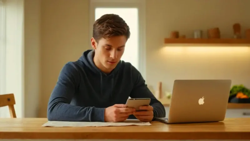 Joven en la mesa con su móvil