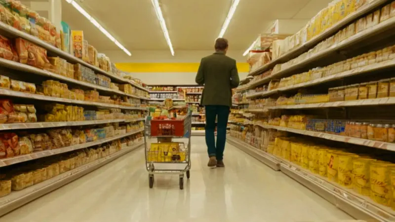Luminoso pasillo de supermercado con una figura
