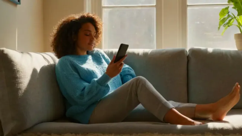 Mujer descansa en un salón soleado