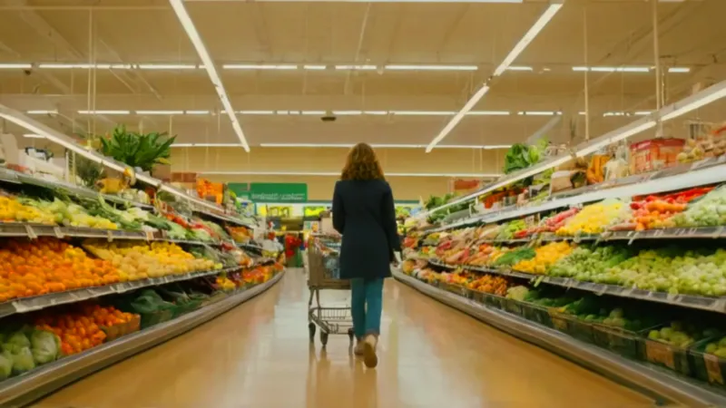 Mujer mira el móvil en el supermercado