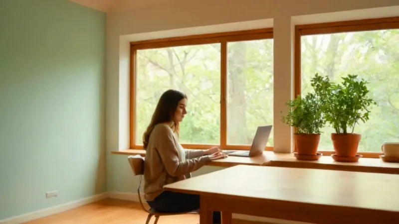 Alguien trabaja en un escritorio soleado