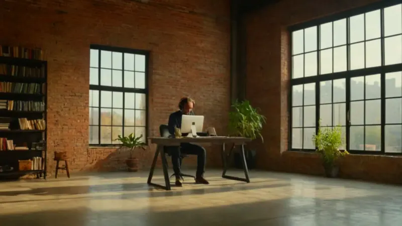 Hombre a contraluz trabajando en un loft