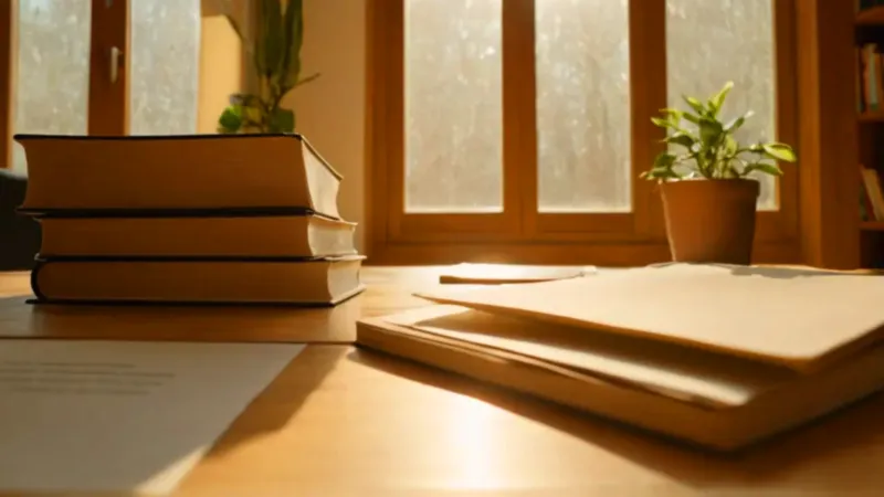 Alguien trabaja en un escritorio bañado de sol