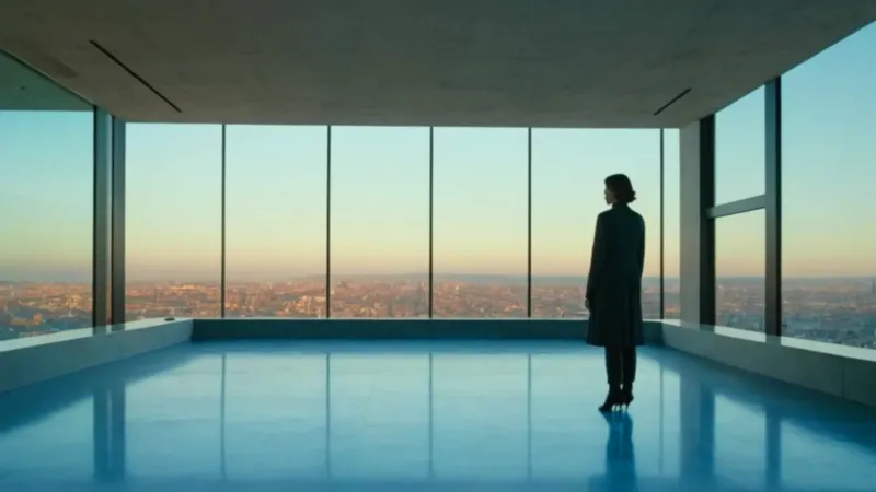 Figura solitaria ante una interfaz futurista
