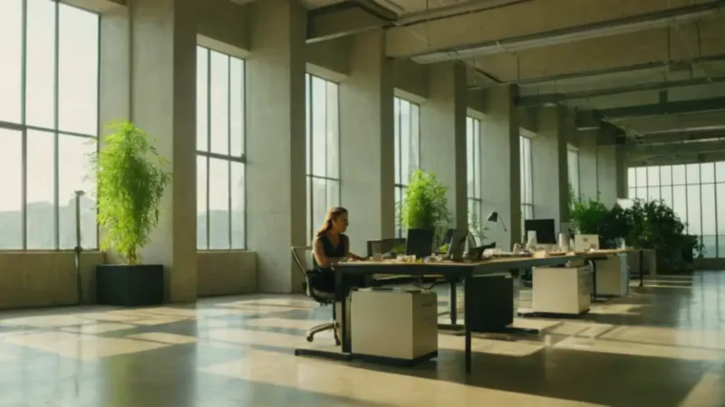 Mujer trabaja en una oficina moderna luminosa