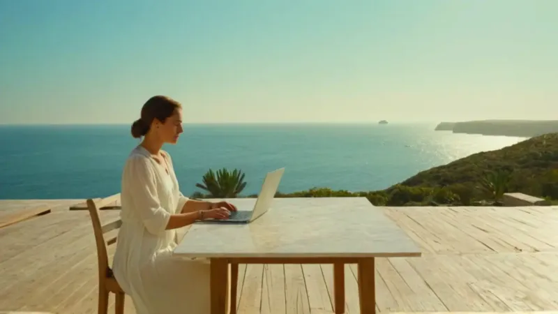 Mujer contempla el mar desde la terraza