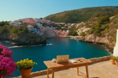 Mujer trabaja en una terraza frente al mar