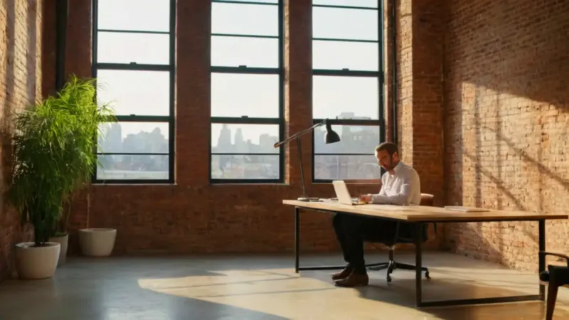 Hombre trabajando en un luminoso loft minimalista