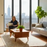 Mujer relajada en un luminoso apartamento