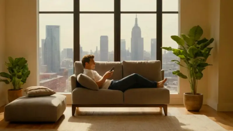 Joven descansa en el sofá con móvil