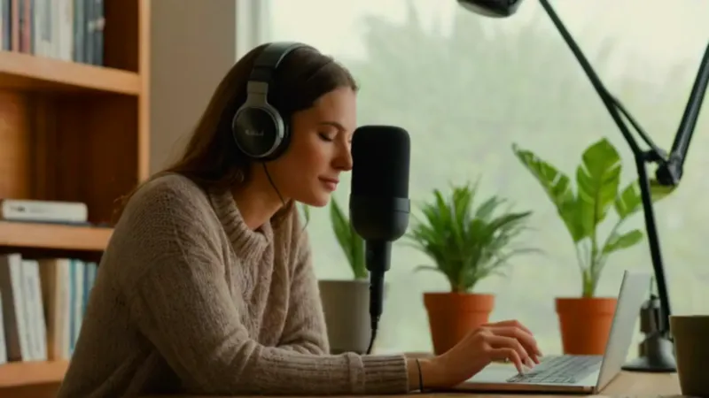 Mujer grabando audio en su estudio profesional