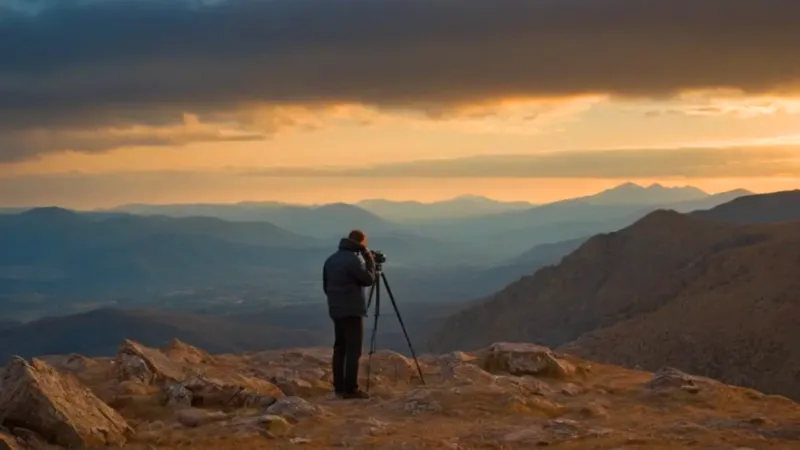 Un fotógrafo captura el atardecer montañoso