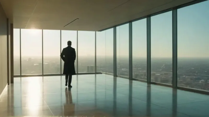 Ejecutivo contemplando la ciudad al atardecer