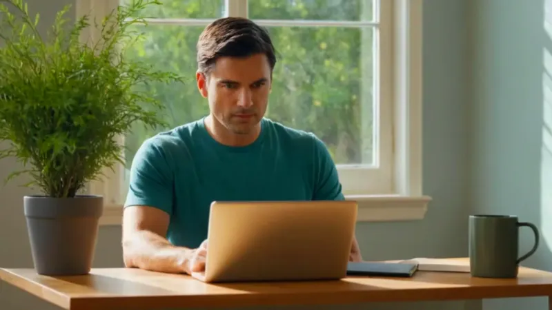 Hombre trabaja concentrado en un cuarto soleado
