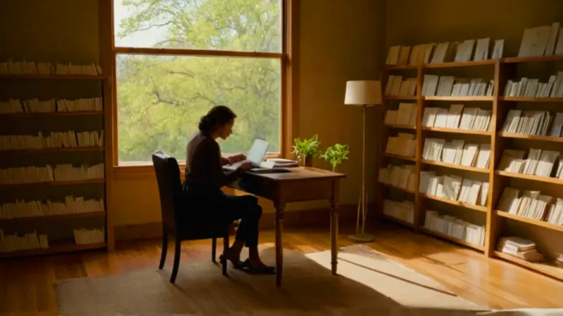 Mujer trabaja en su luminoso despacho matutino