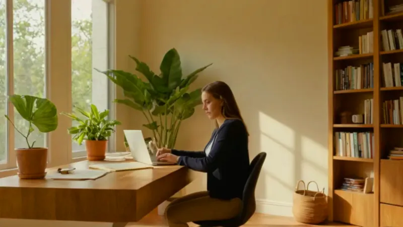 Mujer concentrada estudia en un despacho soleado