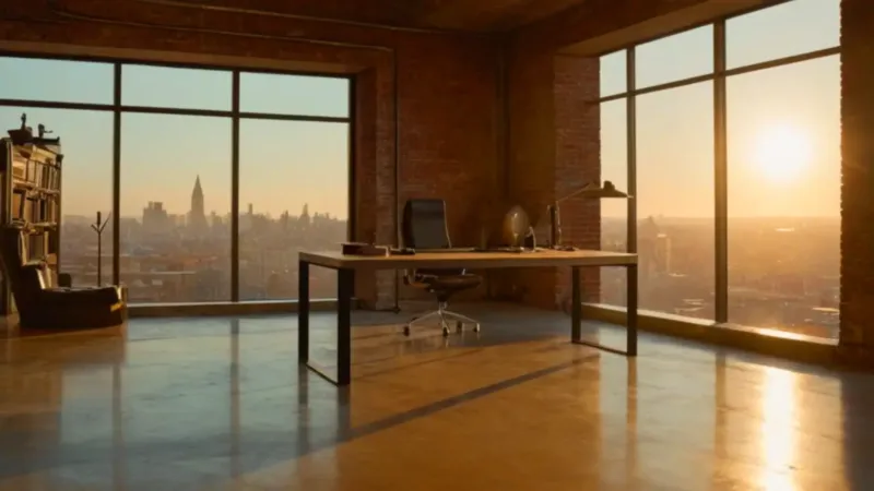 Figura concentrada en un loft al atardecer