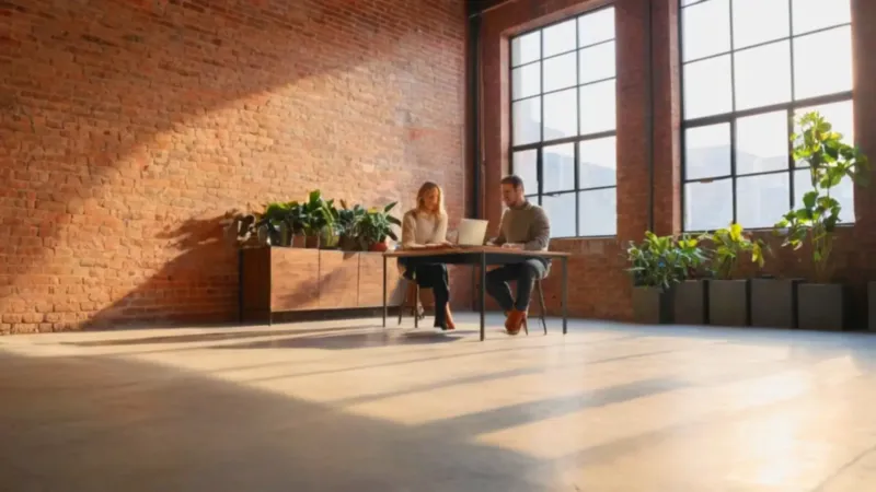 Persona trabaja en un loft soleado