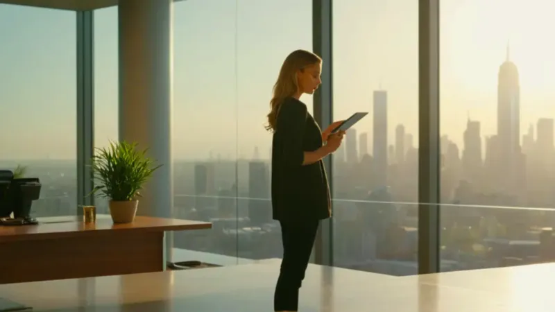 Mujer profesional en oficina soleada con vistas