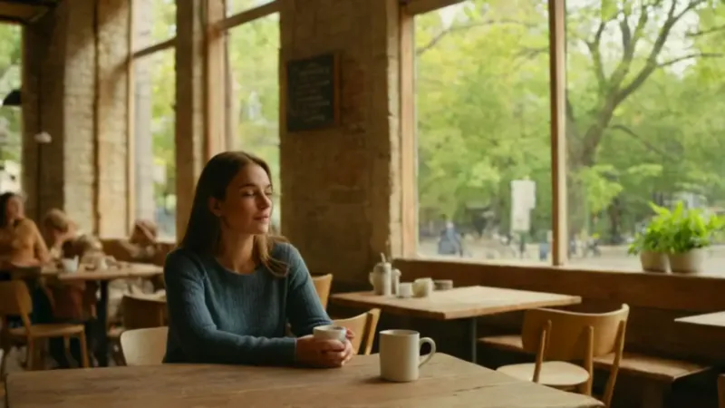 Joven relajada en un café soleado
