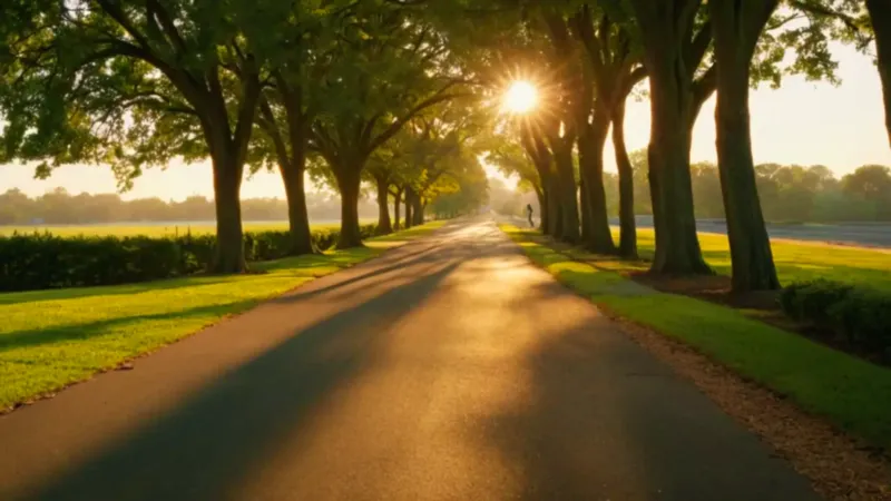 Mujer corre en un parque al atardecer