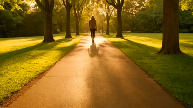 Mujer camina en el parque al atardecer