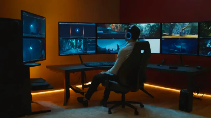 Un streamer concentrado en su moderno estudio