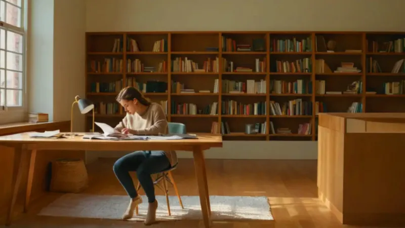 Un joven estudia en una biblioteca luminosa