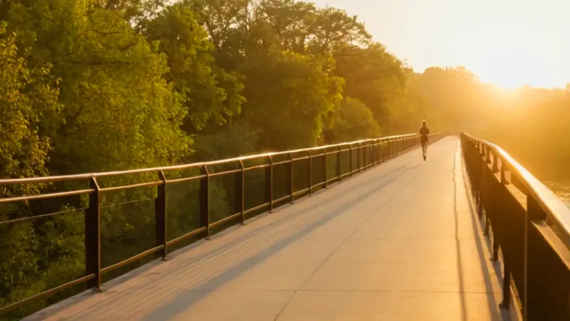 Mujer corriendo en un puente al atardecer