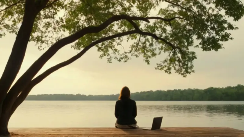Figura solitaria con laptop en el muelle
