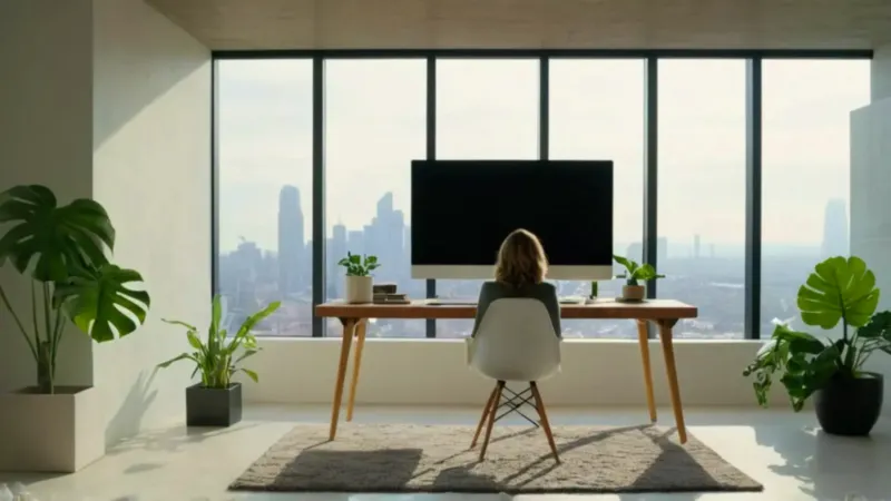 Mujer trabajando en un luminoso apartamento moderno