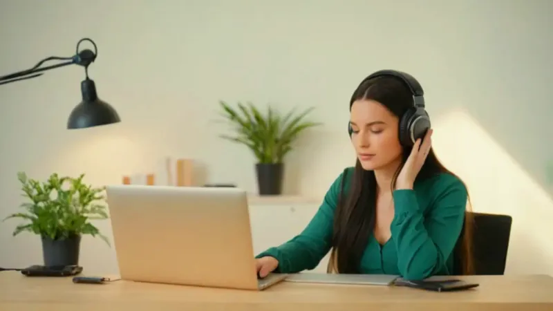 Mujer trabajando en su laptop con audífonos