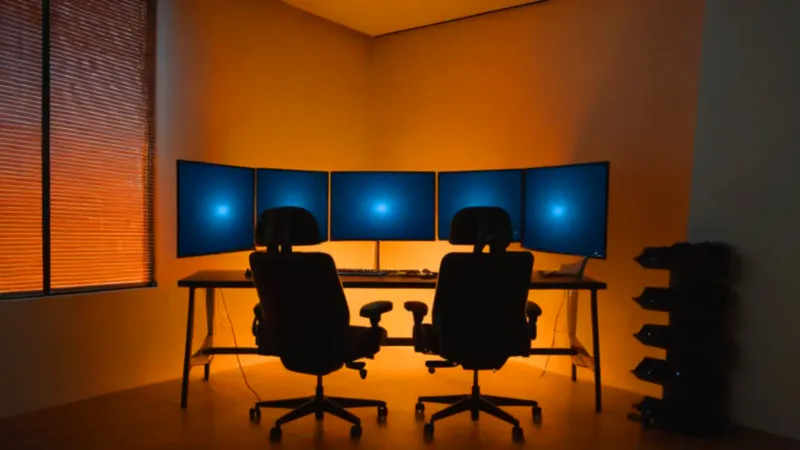 Gamer en un cuarto iluminado por pantallas