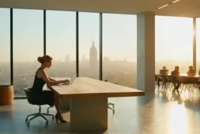 Mujer trabajando en una oficina muy luminosa