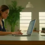 Mujer trabajando concentrada en un espacio luminoso
