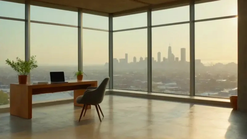 Espacio de trabajo iluminado por el atardecer